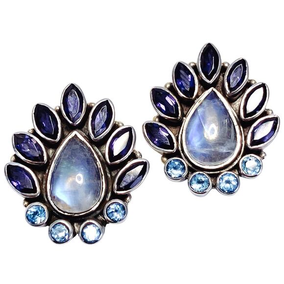 Nicky Butler Sterling Rainbow Moonstone Iolite Topaz Teardrop Clip On Earrings - Picture 1 of 15